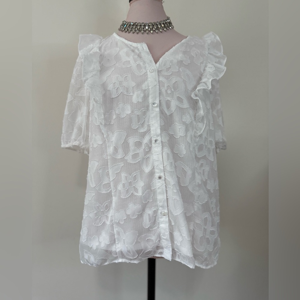 Zac & Rachel white floral print semi sheer blouse in size XL